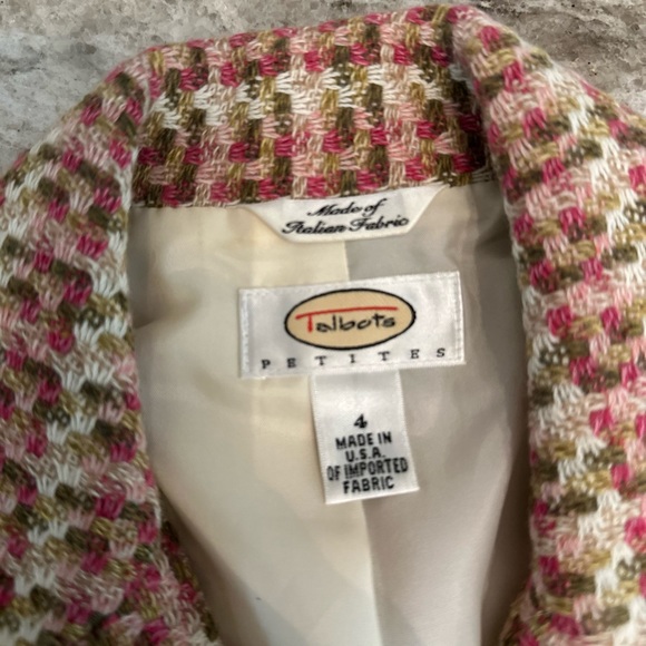TALBOTS TWEED PINK BEIGE TAN WHITE ACCENT BUTTON UP BLAZER JACKET SIZE 4P - Picture 8 of 12